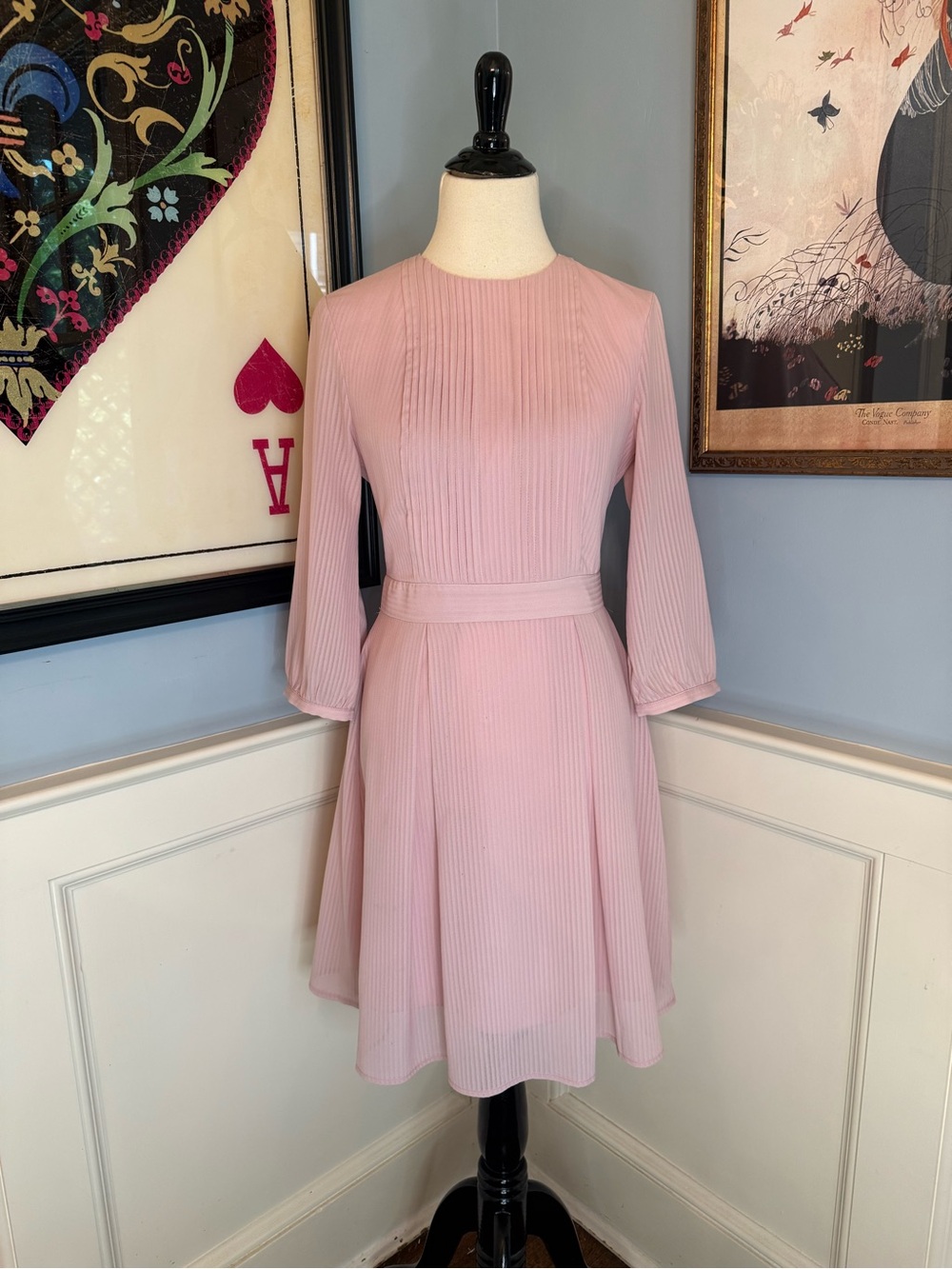 Pink Pleated Long Sleeve A Line Knee Length Dress